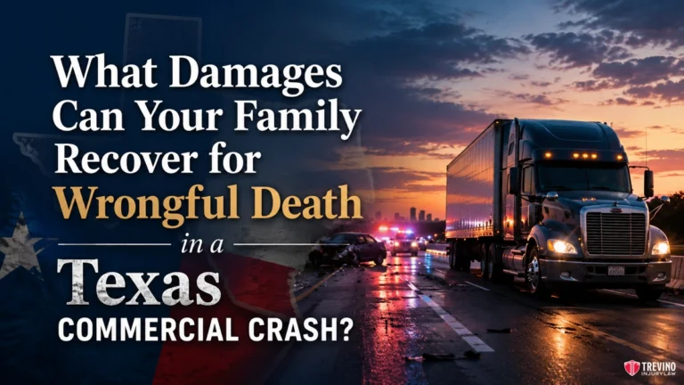 What Damages Can Your Family Recover for Wrongful Death in a Texas Commercial Crash?. A large semi-truck with headlights on sits on a wet highway at dusk; emergency vehicles with flashing lights are in the background. Overlaid text reads: "What Damages Can Your Family Recover for Wrongful Death in a Texas Commercial Crash?.