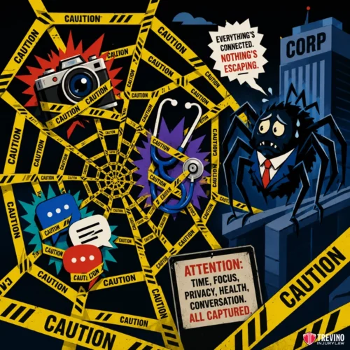 What Do Tenants Need to Document After a San Antonio Apartment Injury? A spider with a suit and corporate building spins a web of “CAUTION” tape, trapping a camera, lock, chat bubbles, and key. Text: “Everything’s connected. NOTHING’S ESCAPING.” and “ATTENTION: Time, focus, privacy, health, conversation. ALL CAPTURED.”.