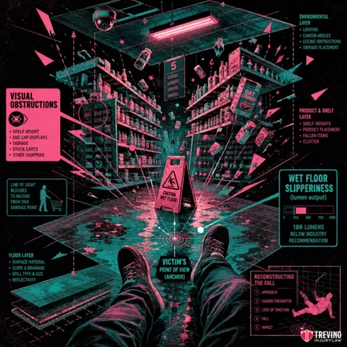 What Evidence Defeats an Open and Obvious Defense in Texas? Illustration from a victim’s perspective of slipping in a grocery store aisle, focusing on a wet floor sign, with labeled hazards like visual obstructions, lighting, slippery surface, and product placement, in neon pink and teal tones, with annotated safety details.