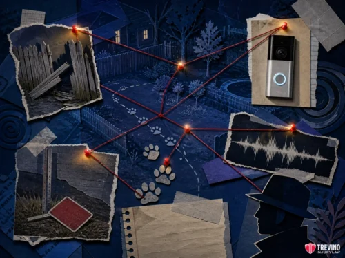 What Evidence Proves Negligence in a Residential Dog Bite Case? A collage shows clues connected by red strings: a broken fence, a ring doorbell, audio waveforms, a snapped signpost, paw prints, and a shadowy figure. The background depicts a dark yard at night, suggesting an investigation scene.