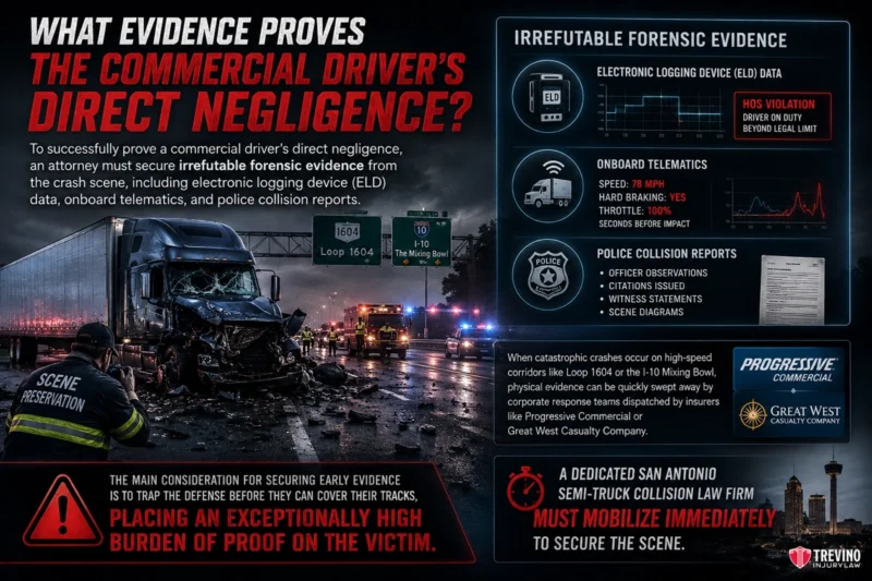 What Evidence Proves the Commercial Driver's Direct Negligence?. A nighttime crash scene shows a jackknifed semi-truck and damaged car on a highway, with debris and police at the scene. Infographics explain how ELD data, camera footage, and inspection reports provide forensic evidence of a driver's negligence.