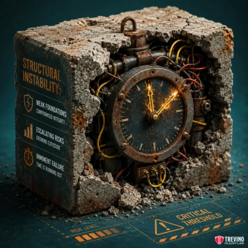 What Evidence Proves the Landlord Knew About the Hazard? A crumbling concrete block reveals a rusty clock with frayed wires inside. Warning icons detail “Structural Instability,” with risks escalating as the clock nears midnight. Text and hazard stripes on the ground mark a “Critical Threshold.”.