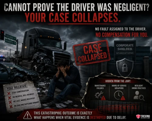 What Happens If You Cannot Prove the Individual Truck Driver Was Negligent?. A distraught man sits by a damaged car at night with a large truck crashed behind him. Large text warns that if negligence can't be proven, the case collapses, resulting in no compensation. Icons and text detail lost compensation and hidden trial evidence.