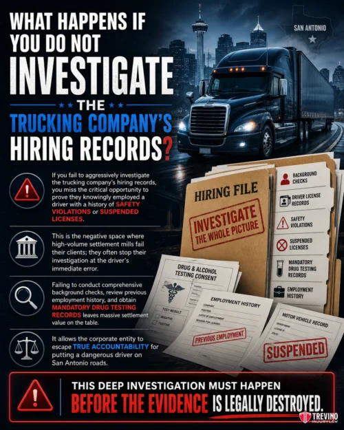 What Happens If You Do Not Investigate the Trucking Company's Hiring Records?. An infographic with a truck, cityscape, and folders labeled "Hiring File" warns of dangers if trucking company hiring records aren't investigated—risking unsafe drivers, suspended licenses, missed drug testing, and legal consequences. San Antonio skyline is visible.
