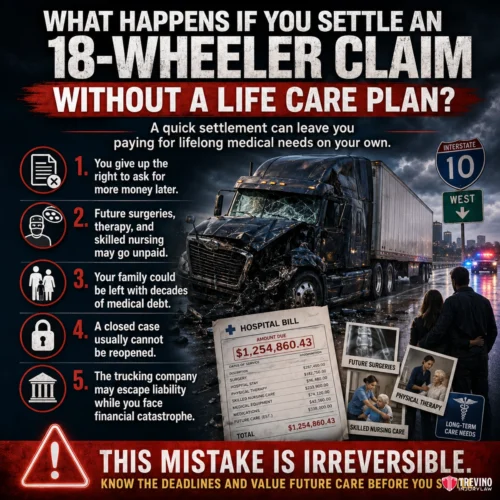What Happens If You Settle an 18-Wheeler Claim Without a Life Care Plan? Infographic with a crashed 18-wheeler on a highway, five warning icons, and text explaining risks of settling truck accident claims without a life care plan. Includes images of hospital bill, therapy, and skilled nursing care. Red warning: “This mistake is irreversible.”.