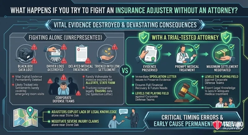 What Happens If You Try to Fight an Insurance Adjuster Without an Attorney?. Infographic comparing fighting an insurance adjuster alone vs. with an attorney. Left: consequences like lost evidence, delayed treatment, low settlement. Right: attorney preserves evidence, negotiates max settlement. Bottom: warnings of timing errors and adjuster tactics.