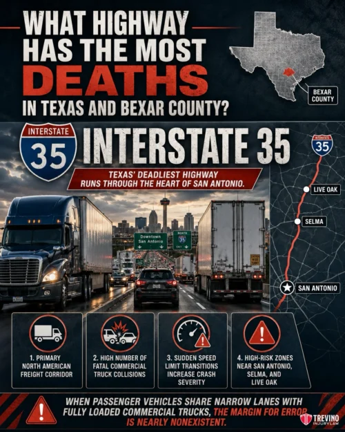 What Highway Has the Most Deaths in Texas and Bexar County?. Infographic about Interstate 35 showing trucks on a highway, road signs, and a Texas map highlighting Bexar County. Text explains I-35 is Texas’s deadliest highway, with high crash risks due to truck congestion and narrow lanes in the San Antonio area.