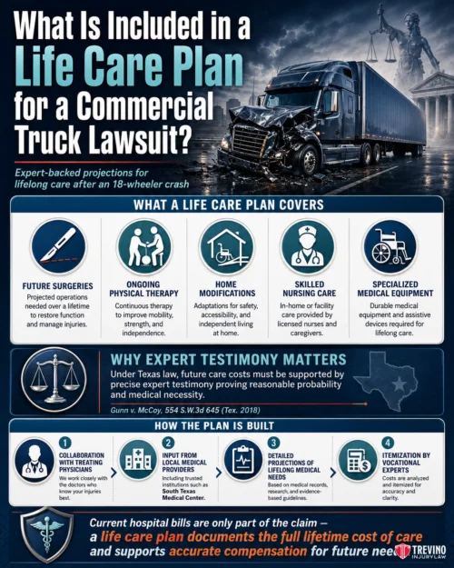 What Is Included in a Life Care Plan for a Commercial Truck Lawsuit? Infographic titled “What Is Included in a Life Care Plan for a Commercial Truck Lawsuit?” Lists coverages: future surgeries, ongoing therapy, home modifications, skilled nursing, and medical equipment. Explains expert testimony and illustrates plan components with icons and diagrams.