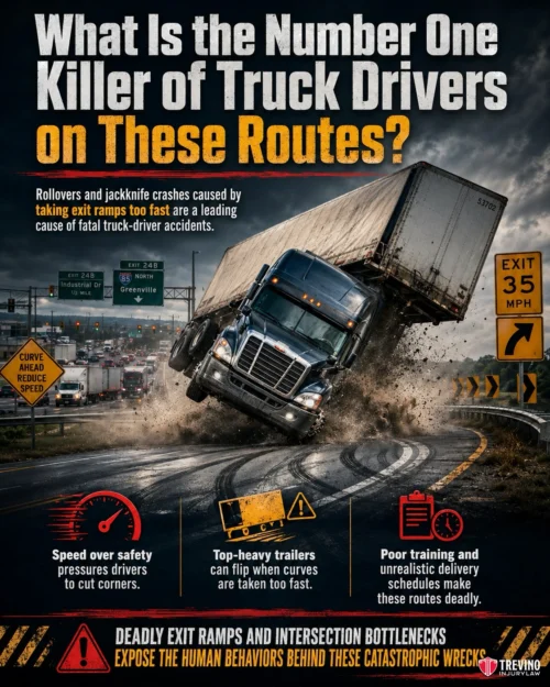 What Is the Number One Killer of Truck Drivers on These Routes? A large semi-truck skids around a sharp, wet highway exit ramp at night, headlights on. Road signs warn of a curve and 35 mph speed limit. Text highlights dangers like speed, improper training, and unsafe schedules for truck drivers.