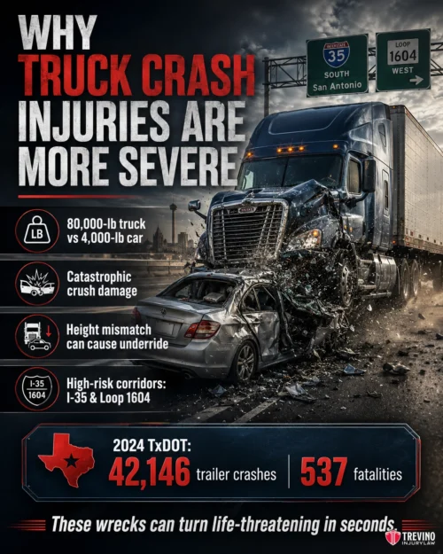 What Makes Injuries from Truck Crashes More Severe than Standard Car Collisions?. A large semi-truck crashes into a gray car on a highway near San Antonio, crushing its rear. Highway signs for I-35 South, I-410, and Loop 1604 are visible. Infographics highlight crash severity and Texas San Antonio Truck Injuries statistics.