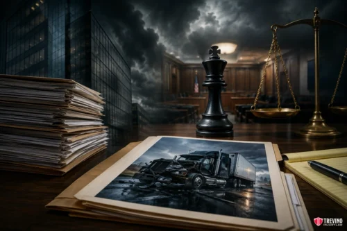 What Scares Insurance Adjusters the Most in High-Value Cases?. A dramatic image shows a chess piece, scales of justice, and legal files on a desk. Foremost is a file with a photo of a damaged semi-truck. In the background: courtroom, stormy sky, tall buildings. Scene suggests a legal case involving a truck accident.