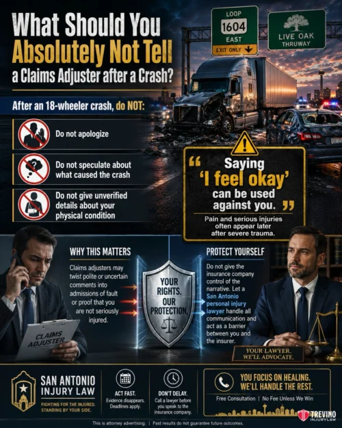 What Should You Absolutely Not Tell a Claims Adjuster after a Crash?. An infographic about what not to tell a claims adjuster after an 18-wheeler crash. It shows a truck crash, icons, legal advice, and two men in suits—one on the phone and one holding documents. Emphasizes not apologizing or speculating about injuries.