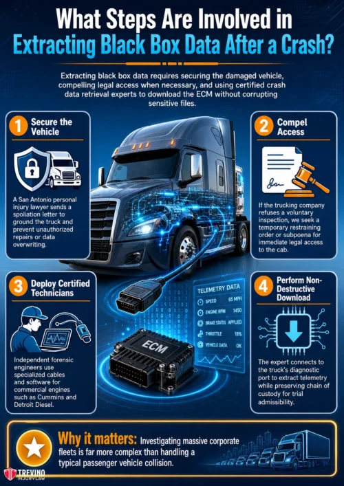 What Steps Are Involved in Extracting Black Box Data after a Crash?. Infographic showing steps to extract black box data from trucks after a crash: securing the vehicle, ensuring company access, deploying certified technicians, and performing non-destructive data extraction; includes images of a truck, ECM, laptop, and icons.