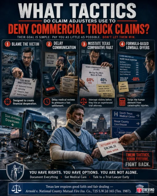 What Tactics Do Claim Adjusters Use to Deny Commercial Truck Claims?. Infographic titled “What Tactics Do Claim Adjusters Use to Deny Commercial Truck Claims?” Lists four tactics with images: blaming victims, delaying, misrepresenting facts, lowball offers. Background features injured people, wrecked trucks, legal scales, and highlighted statistics.