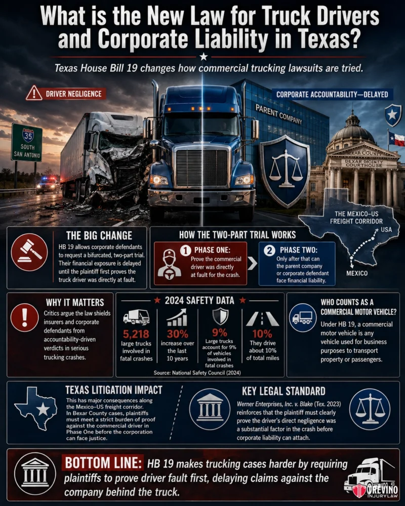 What is the New Law for Truck Drivers and Corporate Liability in Texas?. Infographic explains Texas House Bill 19’s impact on trucking lawsuits: large blue semi-truck, courthouse, and map showing Texas and Mexico. Includes statistics, icons, and key points about liability, legal processes, and effects on lawsuits and safety measures.