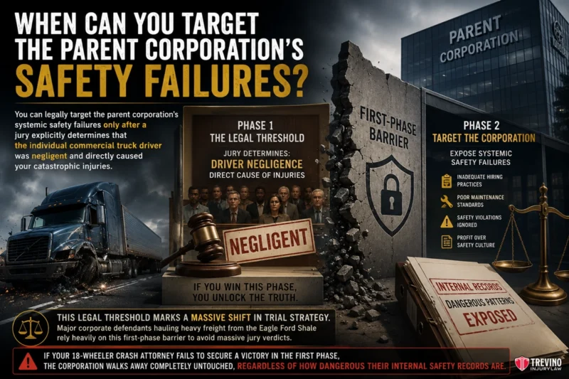 When Can You Target the Parent Corporation's Safety Failures?. Infographic explaining when a parent corporation’s safety failures can be targeted in a lawsuit after an accident. It features legal terms, a gavel, scales of justice, highlighted phrases, and directional arrows dividing the process into two legal phases with warnings and bold text.