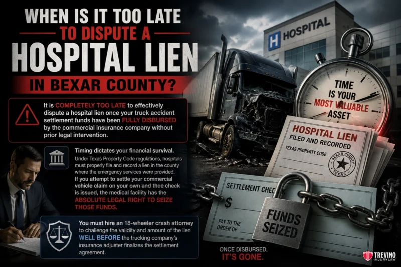 When Is It Too Late to Dispute a Hospital Lien in Bexar County?. A graphic showing a truck crash near a hospital with text explaining hospital lien disputes in Bexar County. A judge, clock, hospital bill, and “funds seized” stamp are pictured, emphasizing urgency and legal and financial consequences if liens aren’t challenged promptly.