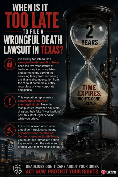 When Is It Too Late to File a Wrongful Death Lawsuit in Texas?. An infographic with a large hourglass and bold text reads: "When is it too late to file a wrongful death lawsuit in Texas?" and "2 years. Time expires. Rights gone. Forever." Additional text explains the 2-year deadline, exceptions, and urgent legal advice.