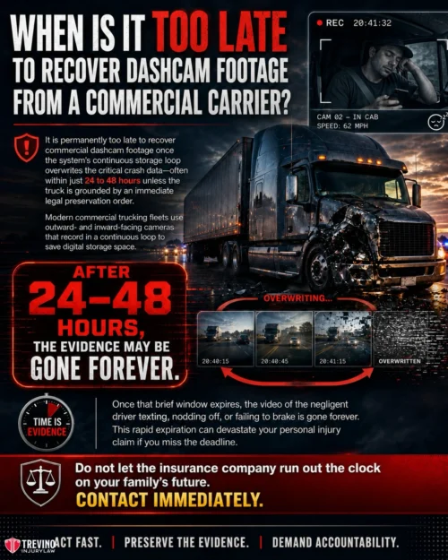 When Is It Too Late to Recover Dashcam Footage from a Commercial Carrier?. A commercial semi-truck on a dark, rainy highway with headlights on. Bold red and white text warns about losing dashcam footage after 24-48 hours. Stopwatch and dashcam icons emphasize urgency to contact a lawyer fast for evidence recovery.