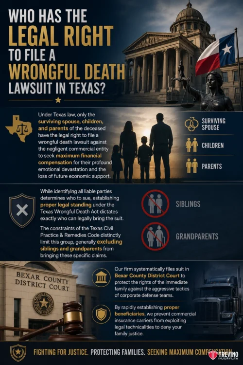 Who Has the Legal Right to File a Wrongful Death Lawsuit in Texas?. Infographic titled "Who Has the Legal Right to File a Wrongful Death Lawsuit in Texas?" Lists those eligible: surviving spouse, children, and parents. Includes legal explanations, icons, courthouse images, a gavel, and emphasizes protecting families’ rights.