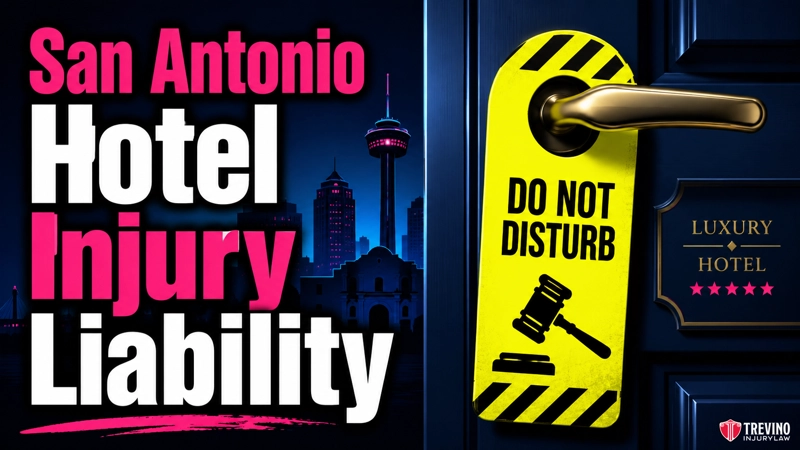 Who Is Liable for Injuries at a San Antonio Hotel? Image shows bold text reading "San Antonio Hotel Injury Liability" beside a hotel door with a "Do Not Disturb" sign featuring a gavel symbol. The background includes the San Antonio skyline and a luxury hotel plaque. Trevino Injury Law logo is at the bottom right.