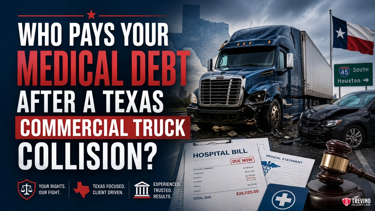Who Pays Your Medical Debt After a Texas Commercial Truck Collision?. A damaged blue semi-truck is shown at an intersection with a Texas flag and highway signs. Overlay text reads, "Who pays your medical debt after a Texas commercial truck collision?" with legal symbols, a gavel, and a hospital bill totaling $26,025.