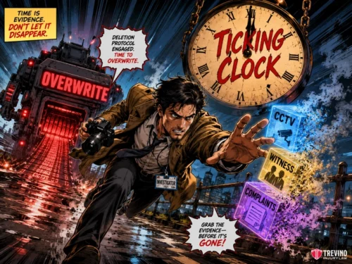 Why Do Premises Liability Cases Require Immediate Legal Investigation? A frantic detective runs from a red-lit, menacing shredder truck labeled "OVERWRITE" as a large clock reads "TICKING CLOCK." He reaches for flying files labeled CCTV, Witness, and Complaints. Text reads, "Time is evidence. Don’t let it disappear.