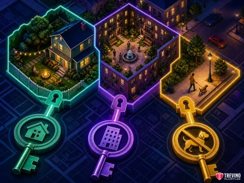 Why Does the Attack Location Dictate Your Legal Investigation Strategy?. Three large, glowing keys represent a house, an apartment, and a dog. Each key unlocks a section showing a cozy home, an apartment courtyard, and a person walking a dog at night on a lit street. The Treviño injury law logo is in the bottom right.