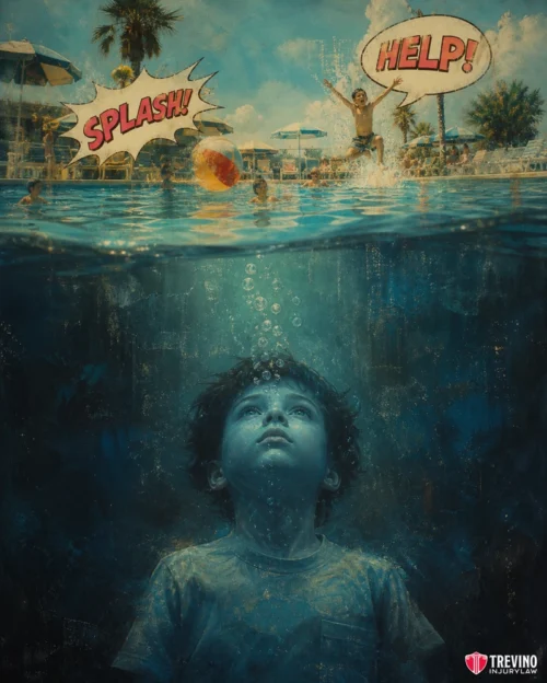 Why Is Drowning a Silent Death in Premises Liability Cases? A young boy is underwater in a pool, looking up with bubbles rising from his mouth. Above the water, kids play; speech bubbles read “SPLASH!” and “HELP!” The scene has a dramatic, painted style. The Trevino Injury Law logo appears in the bottom right corner.