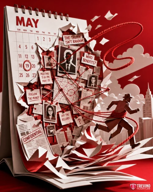 Why Is Early Entity Identification Critical for Your Case? A 3D paper art scene features a May calendar open to the 19th, red string connecting pinned photos, documents, and notes with phrases like “WHO BENEFITS?” and “CONFIDENTIAL.” A silhouette of a detective runs below, evoking a crime investigation theme.