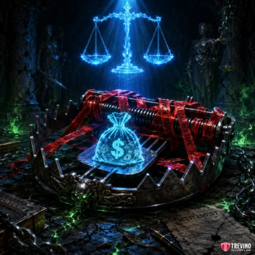 Why Is Early Legal Intervention Critical for Apartment Claims? A glowing blue money bag and gun, wrapped in red “Caution” tape, sit on a tray inside a large metal bear trap. Above, a neon blue scale of justice floats. Dark statues and legal documents surround the scene, with green mist and cracked ground throughout.