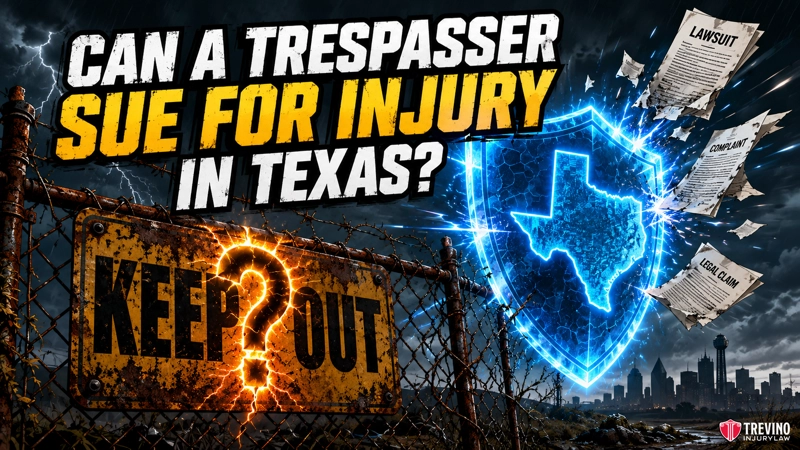 Can a trespasser sue for injury in Texas. A rusty “KEEP OUT” sign hangs on a barbed-wire fence. Large bold text asks, “Can a trespasser sue for injury in Texas?” Legal documents and a glowing shield with a Texas outline are in the sky above a dark cityscape. Trevino Injury Law firm logo is at the bottom right.