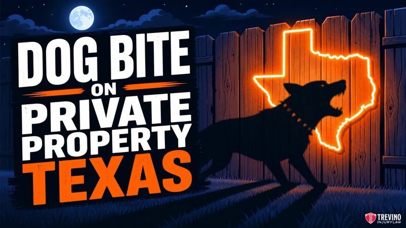 Dog bite on private property Texas.A silhouette of a barking dog stands near a wooden fence at night with a glowing outline of Texas. Large bold text reads: "Dog Bite on Private Property Texas." The Treviño Injury Law logo appears in the lower right corner. A full moon is visible.