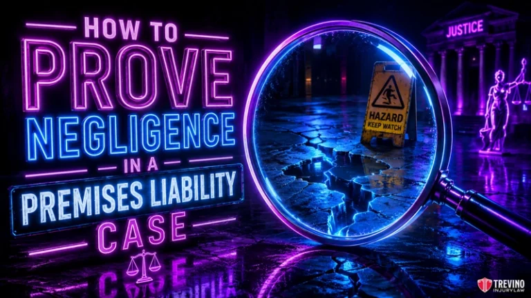 How to prove negligence in a premises liability case? A neon-lit graphic reads “How to Prove Negligence in a Premises Liability Case.” Beside the text, a magnifying glass focuses on cracked pavement and a yellow "Hazard" sign. In the background, a courthouse with "Justice" inscribed is visible.