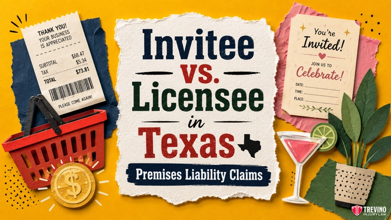 Invitee vs licensee in Texas. A graphic with text: “Invitee vs. Licensee in Texas—Premises Liability Claims.” Around it are a thank-you receipt, a grocery basket, a cocktail, a palm leaf, and an invitation card saying “You're invited!” The Trevino Law Firm logo is in the bottom right.