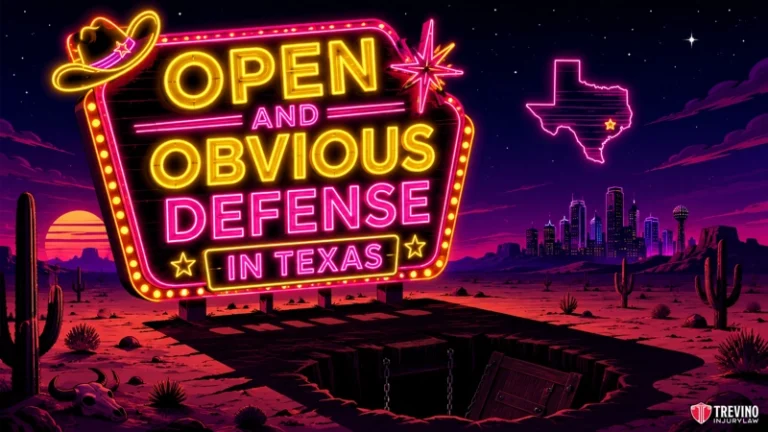Open and obvious defense Texas. A neon sign reading “Open and Obvious Defense in Texas” glows in a desert at night, with cacti, an open trapdoor, and a distant city skyline. A cowboy hat sits on the sign; a glowing Texas outline and star mark a location. The sky is starry and purple.