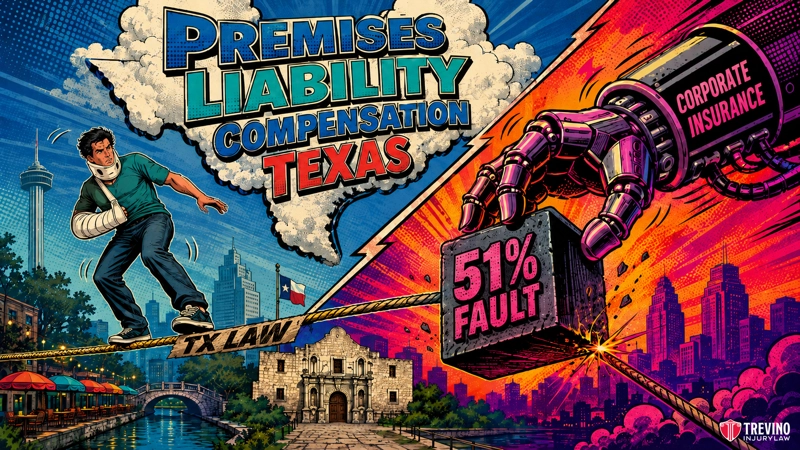 Premises liability compensation Texas. A worried man walks a tightrope labeled “TX LAW,” which stretches over the Alamo, with downtown Texas on the left. A robotic hand marked “Corporate Insurance” points to a “51% FAULT” sign, beside clouds with the words “Premises Liability Compensation Texas.”.