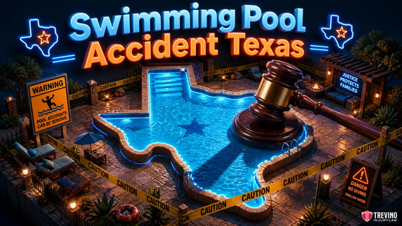 Swimming pool accident Texas. A Texas-shaped swimming pool glows at night, surrounded by caution tape and warning signs. A giant judge's gavel sits in the pool. Neon text reads "Swimming Pool Accident Texas." A Justice for Families sign and Trevino Injury Law logo are visible.