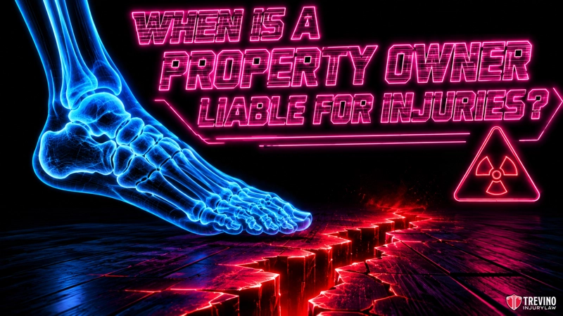 When is a property owner liable for injuries? A neon blue X-ray style foot hovers above a glowing red crack in the ground. Bold, neon pink text reads, “WHEN IS A PROPERTY OWNER LIABLE FOR INJURIES?” A radiation hazard symbol and Trevino Injury Law logo appear in the corners.
