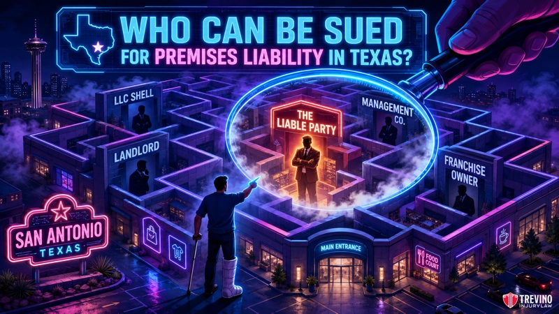 Who can be sued for premises liability? A man with a leg cast stands at a maze entrance labeled “San Antonio, Texas.” Neon signs on maze walls read “LLC Shell,” “Landlord,” “Management Co.,” and “Franchise Owner.” A magnifying glass highlights “The Liable Party.” Text: “Who can be sued for premises liability in Texas?”.