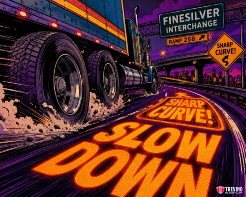 1. Finesilver Curve : I-35 to I-10. A semi-truck speeds on a rain-soaked highway at night, approaching a sharp curve. Neon orange words “SLOW DOWN!” and “SHARP CURVE!” are painted on the road. Road signs warn of a sharp curve and the Finesilver Interchange, with a city skyline in the background.