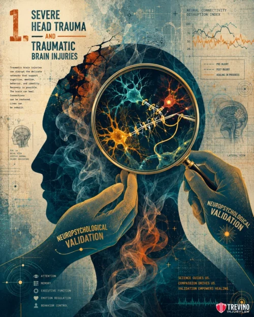 1. Severe Head Trauma and Traumatic Brain Injuries Illustration of a person’s head with a brain depicted as a glowing network of neurons. Two hands labeled “neuropsychological validation” hold the head. Text explains severe head trauma and traumatic brain injuries with scientific data and diagrams in the background.