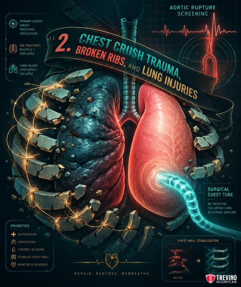 2. Chest Crush Trauma, Broken Ribs, and Lung Injuries Detailed medical illustration of lungs and ribcage. The left lung appears damaged with broken ribs, partial collapse, and blood; the right lung looks healthy. Text highlights chest crush trauma, broken ribs, lung injuries, and key treatments like chest tubes and rib stabilization.
