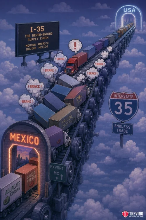 2. I-35 Commercial Freight Corridor. A surreal digital illustration shows a conveyor belt of trucks crossing from Mexico to the USA on a sky bridge labeled “Interstate 35 Endless Trade.” Trucks carry goods like avocados and beans, many displaying “I brake!” as a billboard proclaims the “never-ending supply chain.”.