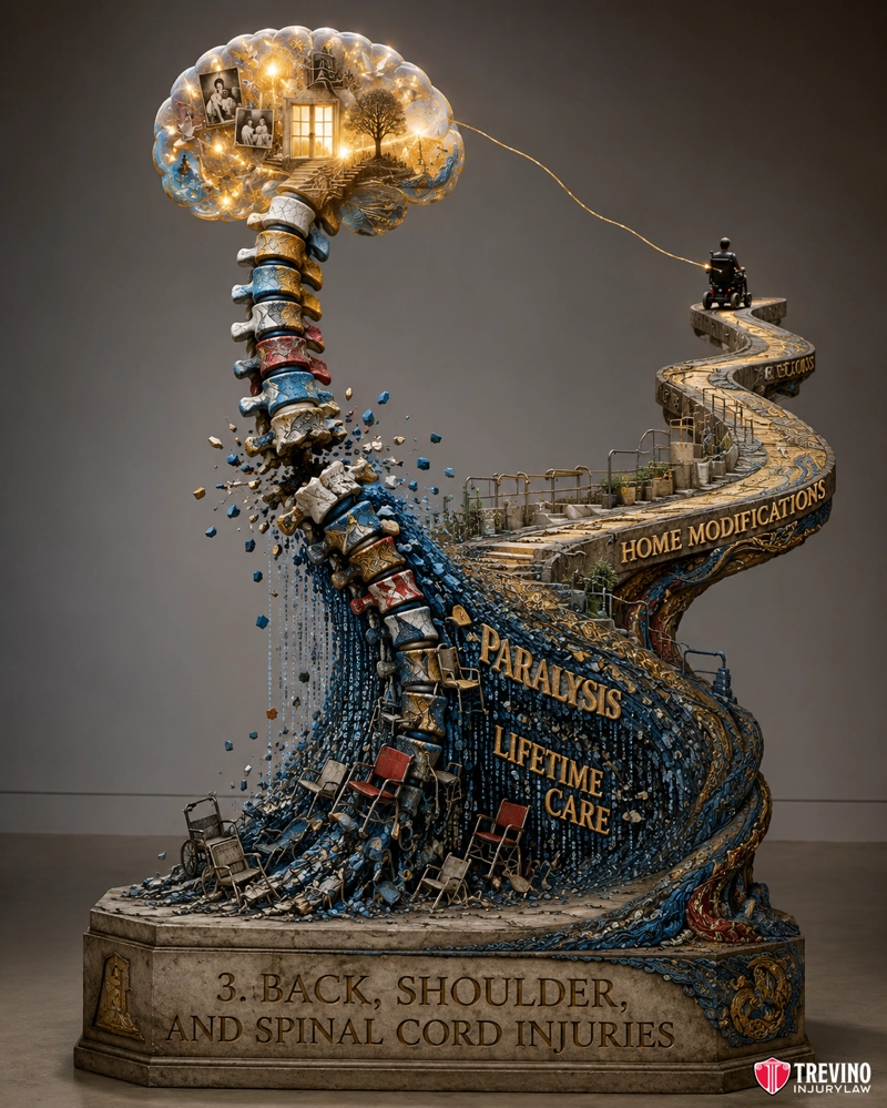 3. Back, Shoulder, and Spinal Cord Injuries A detailed sculpture depicts a twisting spinal cord forming a path. At the top, a glowing brain houses a lit room. Along the spinal pathway are words like "PARALYSIS," "LIFETIME CARE," and "HOME MODIFICATIONS." Empty wheelchairs line the spiraling structure.