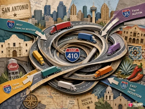 3. Loop 410 Ramps and Interchanges. Colorful trucks drive on looping, layered highways labeled Loop 410, I-10, and I-35 amid San Antonio landmarks, city maps, and skyline cutouts. Directional signs point to Austin, Houston, Laredo, and the Westside. Decorative motifs include a chili pepper and a mission.