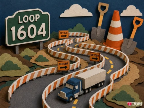 4. Loop 1604 Construction Zones. A toy truck drives on a winding, barricaded road labeled "Loop 1604." Detour signs, traffic cones, and shovels suggest roadwork. The scene is crafted from paper and felt, with trees, clouds, and hills in the background. Trevino Injury Law logo is visible.
