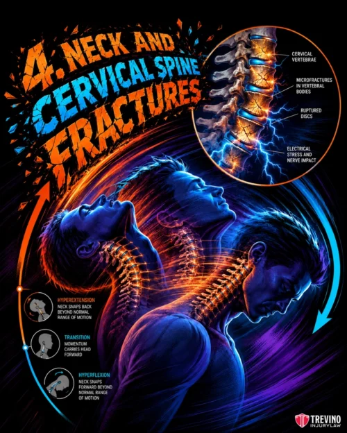 4. Neck and Cervical Spine Fractures A dynamic illustration shows three stages of neck motion with glowing vertebrae, detailing cervical spine fractures. Insets highlight cervical vertebrae, microfractures, ruptured discs, and nerve impact. Text explains hyperextension, transition, and hyperflexion movements.