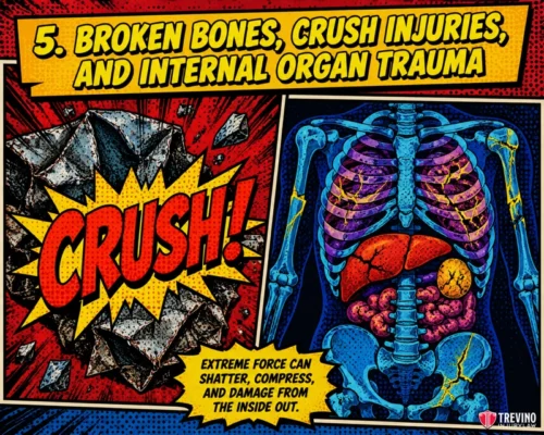 5. Broken Bones, Crush Injuries, and Internal Organ Trauma Comic-style image: On the left, a large “CRUSH!” sound effect over a shattered surface. On the right, a blue human skeleton and organs, including lungs, heart, and a red-highlighted liver, illustrate internal injuries. Text warns of trauma from extreme force.