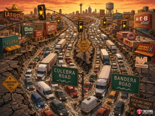 5. Culebra Road and Bandera Road. A busy city street filled with cars and trucks sits cracked and flooded, traffic jammed under yellow lights. Signs read “Culebra Road,” “Bandera Road,” and warnings like “Expect Delays.” Buildings, stores, and a sunset skyline fill the background.
